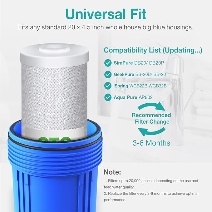 SimPure Whole House Water Filter, 20" x 4.5" BB Activated Carbon Block Filter Replacement Cartridge Coconut CTO Filter (6 Pack)