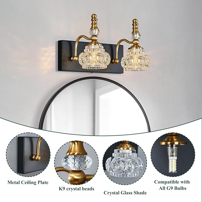 Modern Glass Crystal Vanity Light - Vintage Bathroom Lighting Fixtures Over Mirror, 2 Light Vanity Lights G9 Bulb (11.81 Inch, Black Gold)