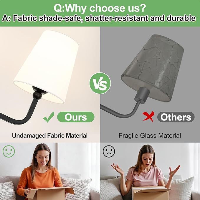 Bathroom Light Fixtures, 3-Light Matte Black Vanity Lights, Bathroom Lighting Fixtures Over Mirror with Flared White Fabric Shade, Modern Wall Sconces for Living Room Hallway