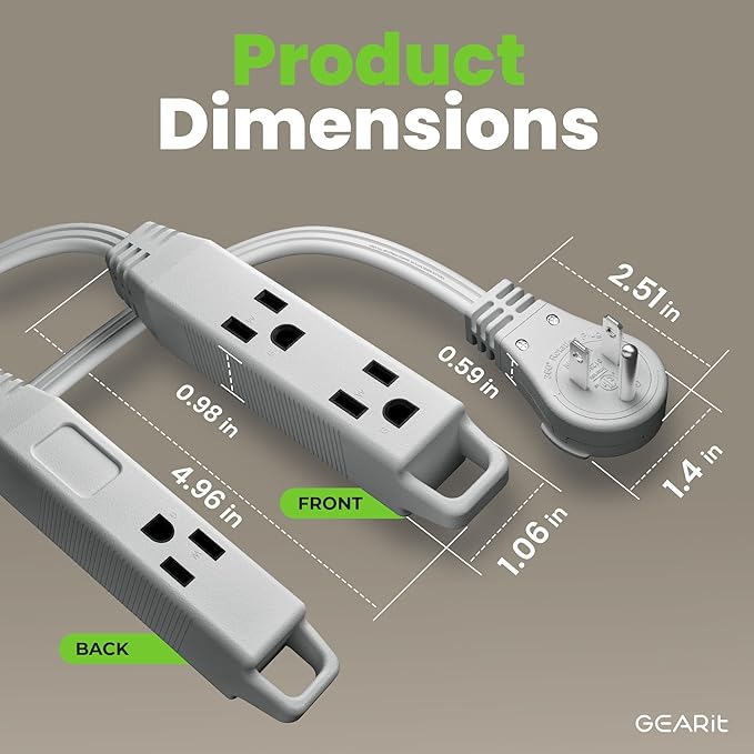 GEARit 360 Rotating Flat Plug Extension Cord with 3 Outlets (10ft, Gray) 16AWG/13A 3 Prong Wire, Outlet Saver for Home Office Dorm Room Essentials, ETL Certified