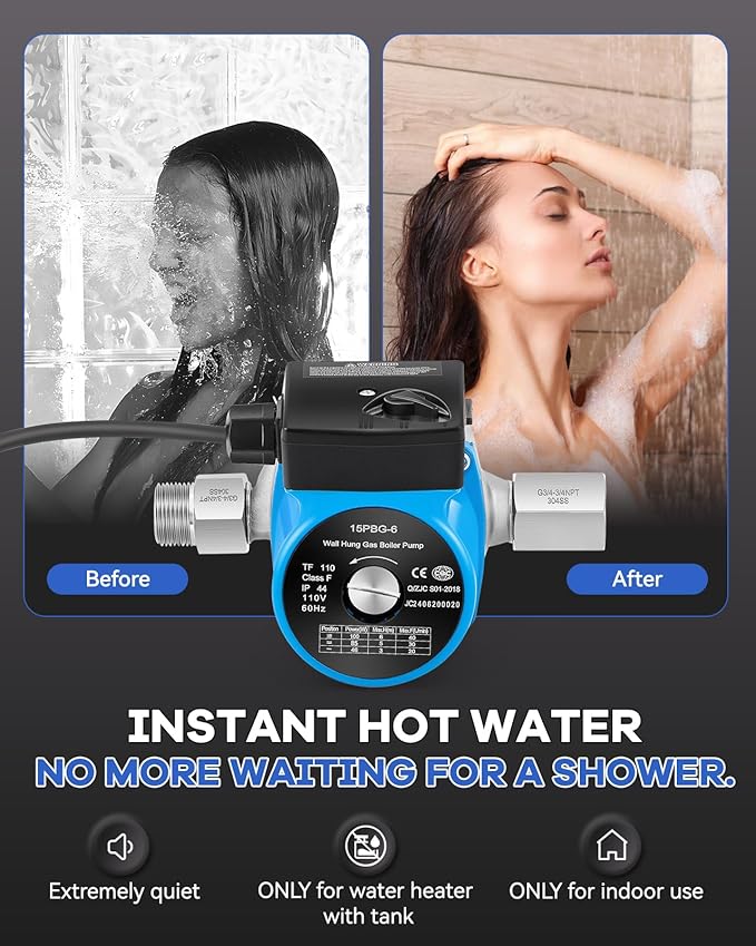 Instant Hot Water Recirculating Pump Kit with 304 Stainless Steel Bypass Valve, 20-in PEX Supply Lines for Potable Water, Smart Plug and Adapters with Rubber Washers for Tank Water Heaters