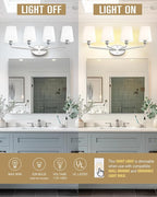 Emak 29 Inch Brushed Nickel Vanity Light, 4-Light Bathroom Light Fixtures with Flared White Fabric Shade, Modern Vanity Lights for Bathroom, Mirror, VL132-BN-WF-4