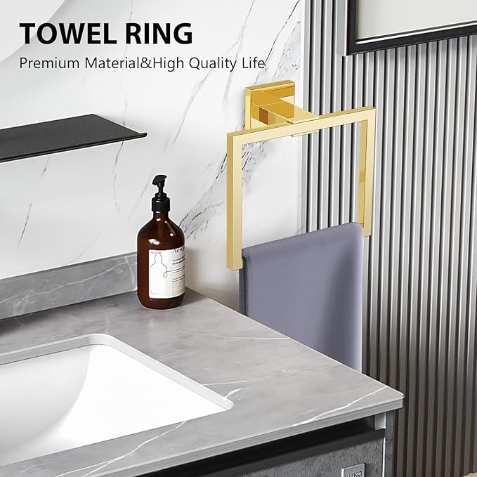 YACVCL 5-Piece Bathroom Hardware Accessories Set 23.6 inch Towel Bar Set Modern Towel Rack Set Stainless Steel Wall Mounted Bathroom Towel Holder Set(Bright Gold)