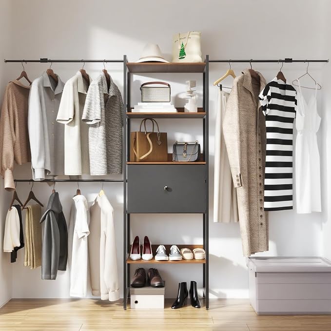 Adjustable Clothes Hanger, 108 Inches Closet System, Walk In Closet Organizer with 4 Shelving Towers, Heavy Duty Clothes Rack with Drawer, Industrial Built-In Garment Rack, Entryway Shelf