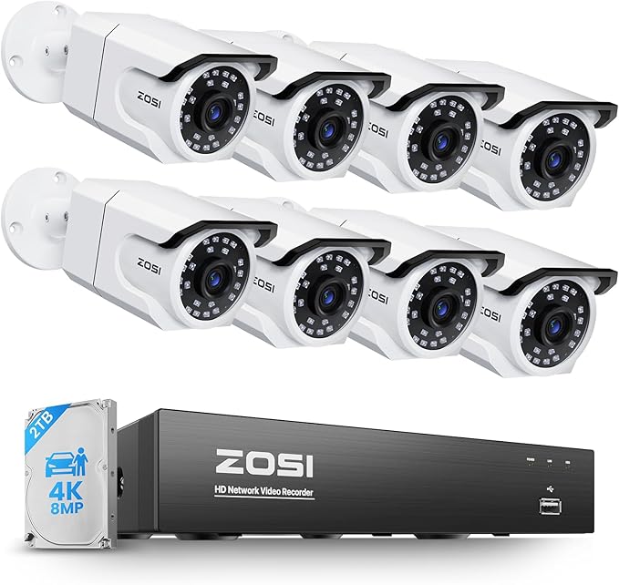 ZOSI 4K PoE Security Camera System,8 x 8MP/4K Outdoor Indoor Cameras with Person Vehicle Detection,People Counting,One-Way Audio,Night Vision,8CH 8MP CCTV NVR with 2TB HDD for Business 24/7 Recording