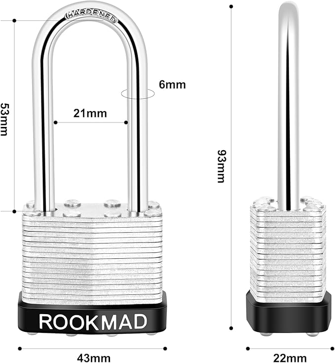 Laminated Steel Padlocks, Keyed Alike, 10 Pack, Silver, Long Shackle, CA65 Compliant