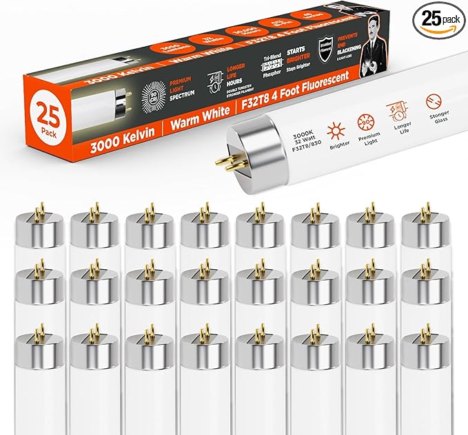 GoodBulb 32W 48 Inch T8 Fluorescent Light Bulb 3000K Warm White Medium Bi-Pin Base 3050 Lumens 86 CRI 24000 Life Hours Instant/Programmed Start (Pack of 25)