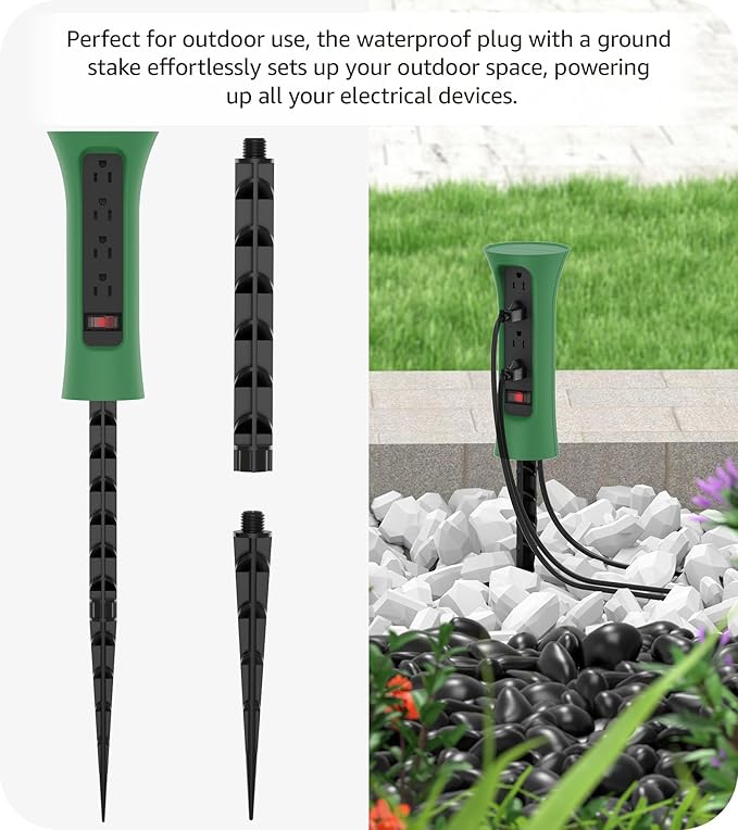 CCCEI Outdoor Power Strip Weatherproof with Stake, Waterproof Extension Cord with Multiple Outlets, Christmas Exterior Garden Decor, Yard, Camping, 4 Plugs, Surge Protector 25FT, Green.