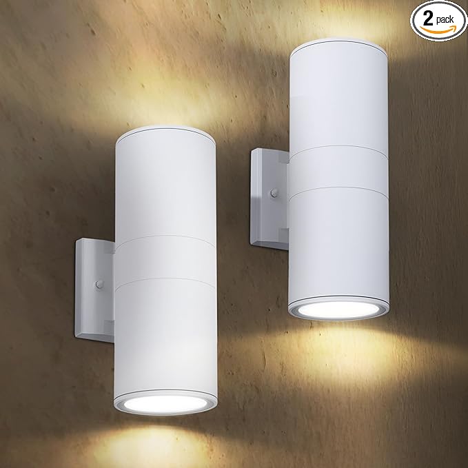 ASD 2 Light Outdoor Wall Light Fixture | 120W E26 Bulb Socket 120V ETL Cylinder Up Down Lights | LED/CFL/Incandescent Bulb Exterior Wall Sconce | Front Door, Porch, Patio Lighting | White, 2 Pack