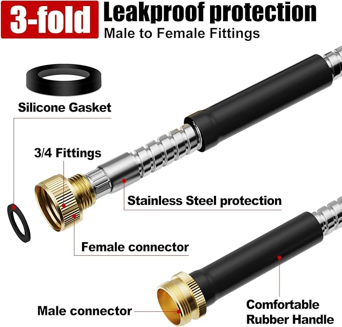 100 ft Garden Hose, Stainless Steel Metal Water Hose 100 Feet with Nozzle, Flexible, Rust Proof, No-Kink, Heavy Duty, Leakproof 3/4 in Fittings, Lightweight Metal Hose, BT100S Model