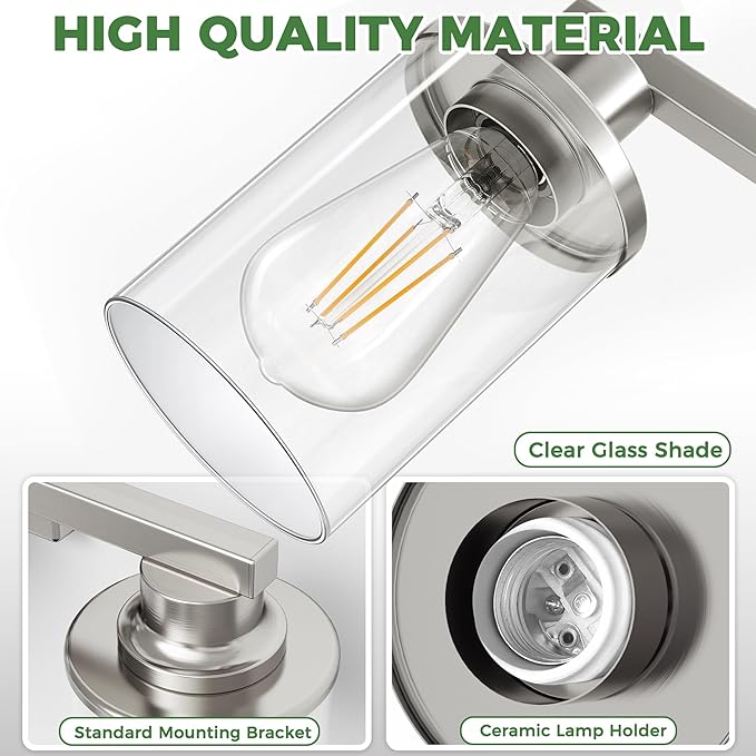 DORESshop 17 Inch Bathroom Light Fixtures, 3-Light Nickel Bathroom Lighting Fixtures Over Mirror with Clear Glass Shade, Vanity Lights for Living Room Bedroom