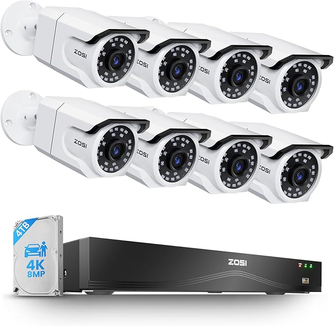 ZOSI 16CH 4K PoE Security Camera System,8pcs 8MP Outdoors Cameras,One-Way Audio,People Counting,Person/Vehicle Detection,Night Vision,16 Port 32CH NVR with 4TB HDD for Home Business 24/7 Recording
