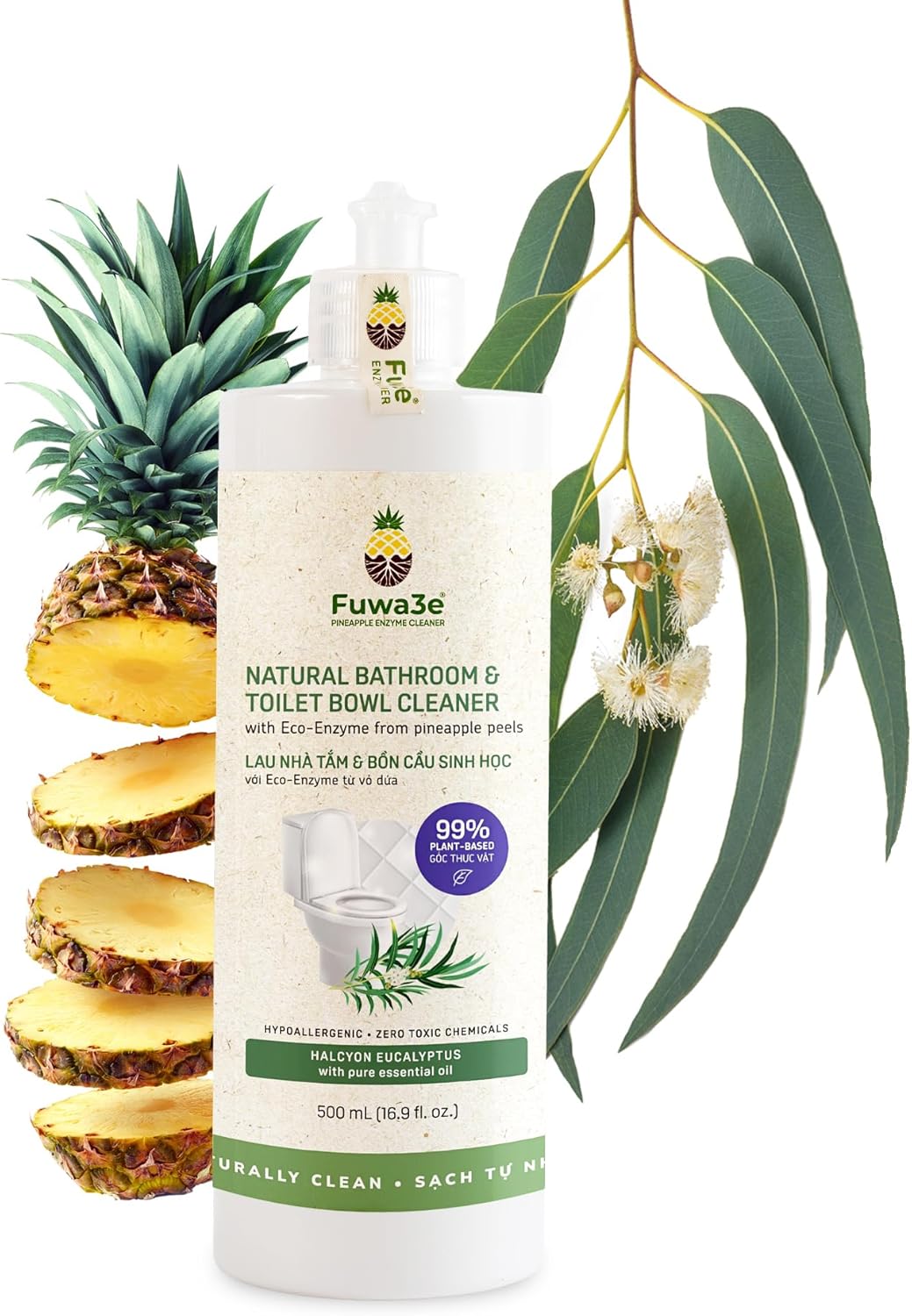 Fuwa3e Pineapple Enzyme Natural Toilet Bowl Cleaner Halcyon Eucalyptus - 16.9oz 1 Pack - 99% Plant Based Non Bleach Bathroom Cleaner - Freshens and Deodorizes with Fermented Pineapple Peels