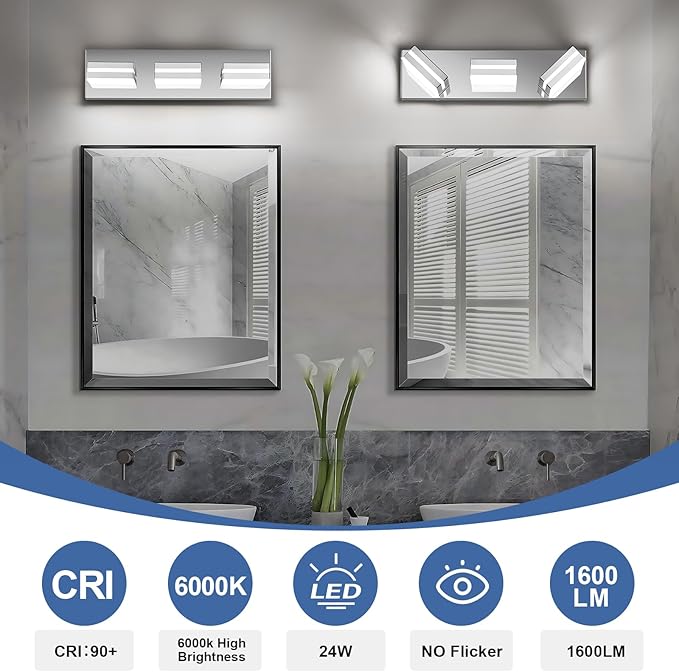 Modern LED Bathroom Lights Fixtures(3-Light),Metal Chrome Acrylic Wall Lighting,Vanity Lights for Bathroom Over Mirror(6000k 16In