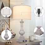26" Farmhouse Lamp with 2 USB Ports & AC Outlet, Vintage Rustic Touch Control Bedside Lamp, Resin 3-Way Dimmable Nightstand Lamp Fabric Shade for Living Room Bedroom Decor Gray(LED Bulb Included)