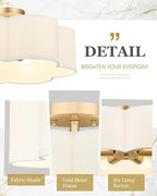 Gold Semi Flush Mount Ceiling Lights, 6-Light 18Inch Ceiling Light Fixtures with Fabric Shade in Flower Shape, Farmhouse Brass Drum Lighting for Nursery Bedroom Kitchen, AD-22007-6SF-GD