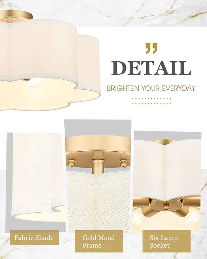 Gold Semi Flush Mount Ceiling Lights, 6-Light 18Inch Ceiling Light Fixtures with Fabric Shade in Flower Shape, Farmhouse Brass Drum Lighting for Nursery Bedroom Kitchen, AD-22007-6SF-GD