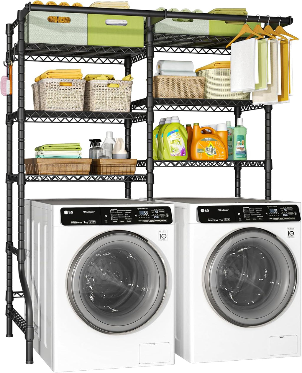 Ulif U13 Over Washer and Dryer Storage Shelves, 6 Tiers Laundry Room Standing Shelf with 2 Hanger Rods, Space Saver Clothes Drying Rack, 63.4" W x 22" D x 77.4" H, Black