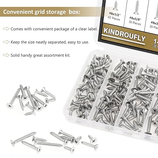 142 Pieces #8 x 1/2" 5/8" 3/4" 1" 1-1/4" Phillips Countersunk Head Self-Tapping Screws, Wood Screws Assortment Kit, 304 Stainless Steel