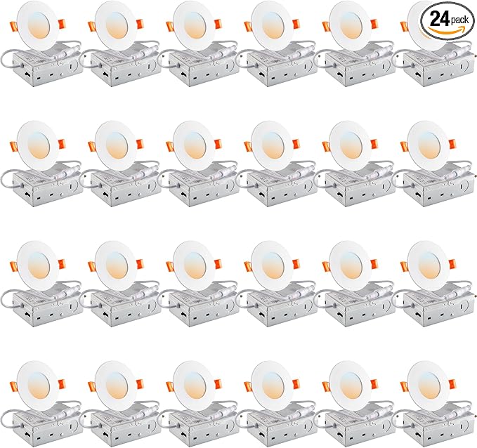 DLLT LED Recessed Ceiling Light: 24 Pack 3 Inch Slim Recessed Lighting for Kitchen - 5CCT Dimmable Canless Wafer Downlight for Living Room - 1200LM Brightness 12W LED Can Lights for Bedroom ETL FCC