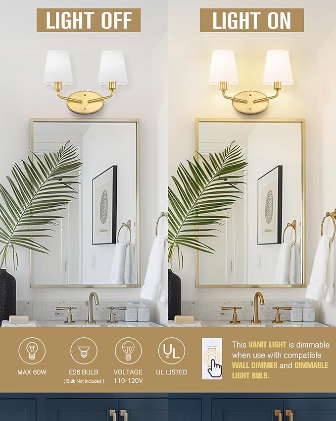 Emak 2-Light Bathroom Vanity Light, Brushed Gold Bathroom Light Fixtures Over Mirror with Flared White Fabric Shade, Modern Wall Sconce for Bath, Mirror, Hallway, VL132-BGD-WF-2