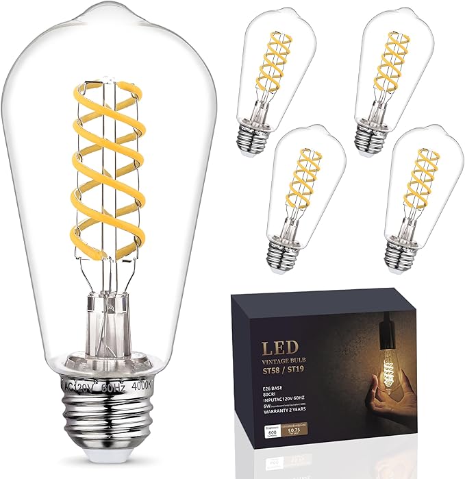 4-Pack Dimmable Vintage LED Edison Bulbs, E26 LED Bulb 60 Watt Equivalent, Neutral White 4000K, ST19/ST58 Antique Spiral Filament Decorative Light Bulb.