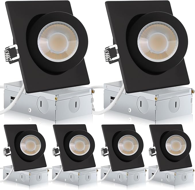 Square Black Recessed Lighting 4 Inch 6 Pack, Ajustable Eyeball recessed Light with Junction Box,5 Color Selectable,Airtight,9W 750LM,Dimmable,Black
