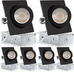 Square Black Recessed Lighting 4 Inch 6 Pack, Ajustable Eyeball recessed Light with Junction Box,5 Color Selectable,Airtight,9W 750LM,Dimmable,Black