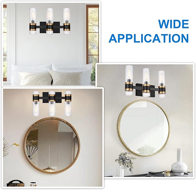 MELUCEE Black 3 Light Bathroom Vanity Light, Modern Vanity Lights Bathroom Light Bar with Ribbed Clear Glass Shade Indoor Wall Lights for Mirror Cabinet Kitchen Bedroom Hallway, E12 Base