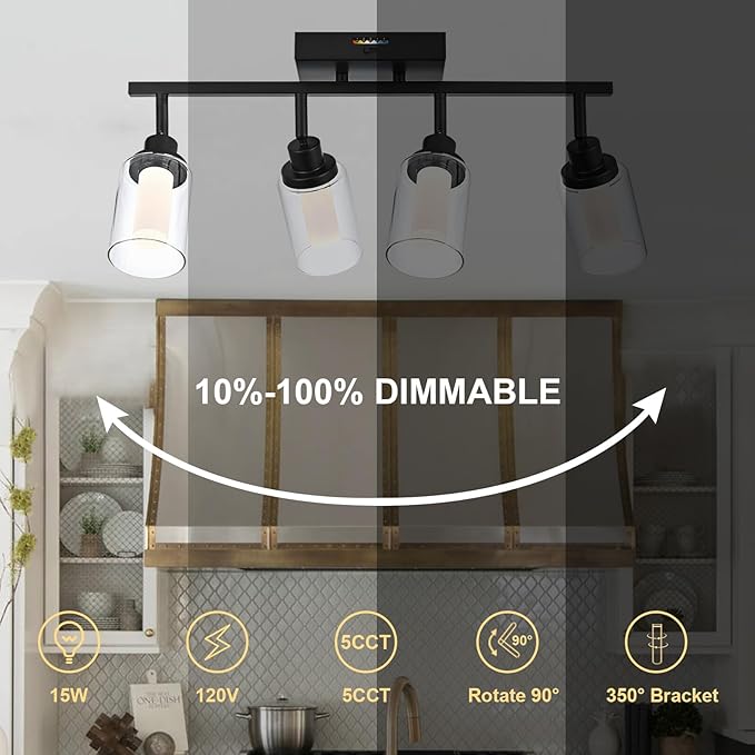 4-Light LED Black Dimmable Track Lighting Kit, 5-Color Temperature Adjustable Directional Ceiling Spotlight, Bathroom Wall Lamp with Integrated LED Chips