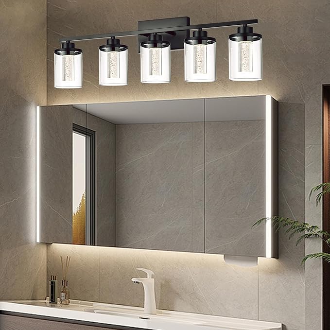 5-Light Black Bathroom Vanity Lights,Modern Wall Lamps for Bedroom,Dimmable Led Vanity Lighting for Bathroom Mirror,5CCT LED Wall Sconces Light Fixtures with Clear Glass Shade