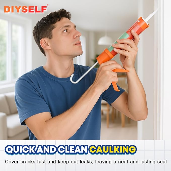 DIYSELF-Caulk-Gun-Drip-Free, Hand Caulking Tool with Smooth Rod, Caulking Gun Fits 10 oz Tube, 10:1 Thrust Ratio Silicone Gun for Bathroom, Kitchen, Windows, Door Frames, Small Repairs (Orange)