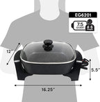 Elite Gourmet EG6201# Extra Deep 12"x12"x3.2" (7.5Qt.) Scratch Resistant Dishwasher Safe, Non-stick Electric Skillet with Glass Vented Lid, Adjustable Temperature, Black
