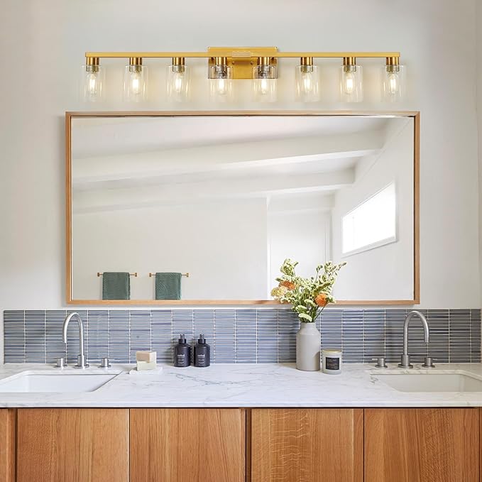 8 Light Gold Bathroom Light Fixtures, Modern Large Vanity Lights with Clear Glass Shade, Brushed Brass Bathroom Lighting Fixtures Over Mirror, Wall Scones Light for Bedroom, Living Room