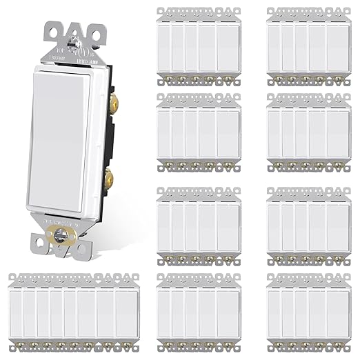 AIDA Single Pole Rocker Decora Light Switch, 15 Amp Self-grounding Electrical Light Switches, Residential Grade, UL Listed (50, Glossy White, Without Wall Plate)