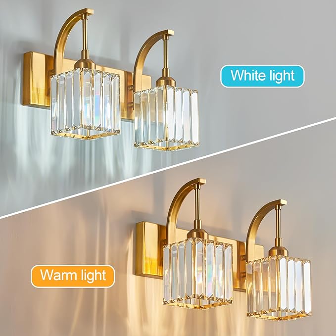 Crystal Vanity Lights 2-Light Gold Wall Lamp Modern Crystal Bathroom Light Fixtures Over Mirror 13.77" Long Bathroom Wall Sconce
