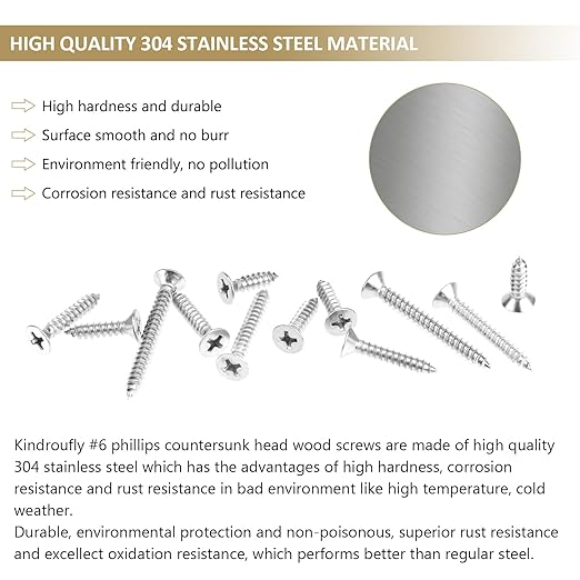 162 Pieces #6 x 1/2" 5/8" 3/4" 1" 1-1/4" Phillips Countersunk Head Self-Tapping Screws, Wood Screws Assortment Kit, 304 Stainless Steel