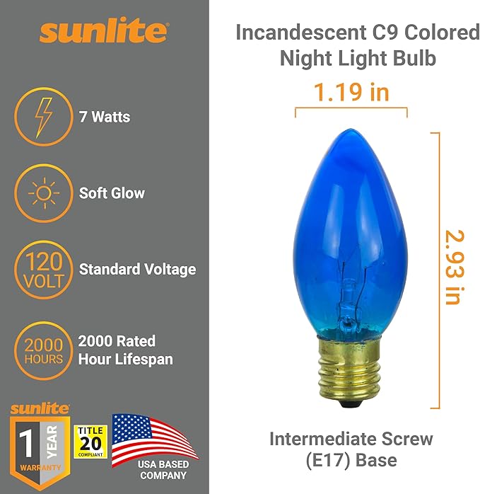 Sunlite Incandescent C9 Colored Night Light Bulb, 7 watts, 120 Volts, Intermediate E17 Screw Base, 2000 Rated Hours, Christmas-Lights Nightlight, Transparent Blue, 25 Pack