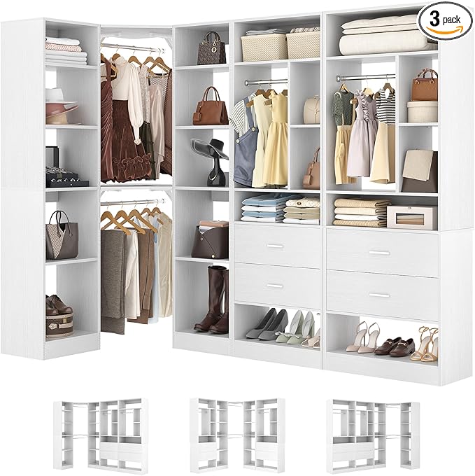 Large Corner Closet System with 3 Sets, 87.2" Closet Organizer System with 4 Drawers & 4 Hanging Rods, Reversible L Shaped Walk-in Closets, Load 2000+LBS, White (87.2" L x 39.2" W x 80" H)