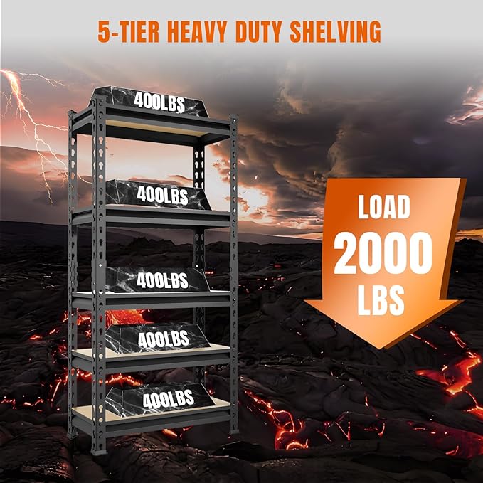 BIG RED Storage Shelving Unit, 5-Tier Adjustable, Heavy Duty Metal Garage Shelves/Utility Rack for Kitchen, Pantry, Basement, Bathroom, Laundry - 2,000 lbs Capacity, Black, 59" H x 28" W x 12" D