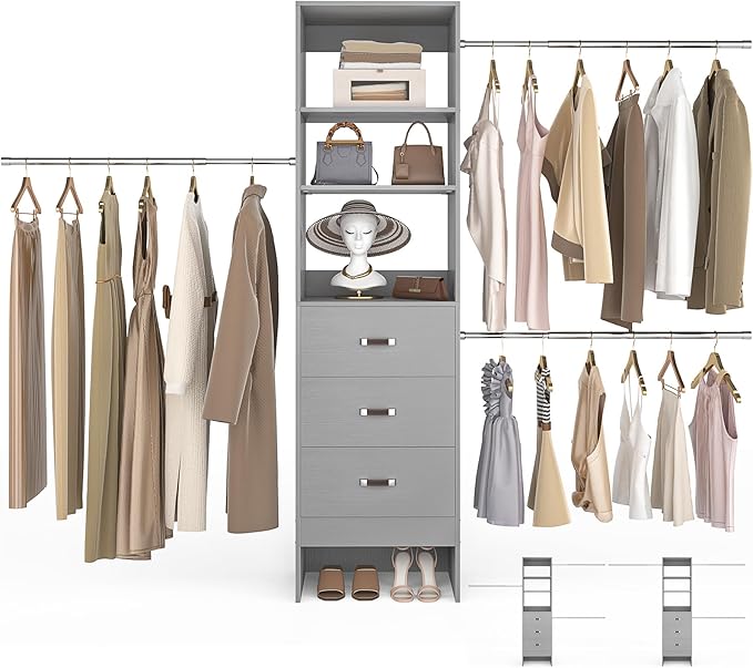 96'' Closet Organizer System with 3 Hanging Rods (Without 3 Storage Shelves), 8FT Closet Systems, Wall Mount Bedroom Wardrobe with 3 Wood Drawers, Adjustable Garment Rack from 5 to 8FT, Grey