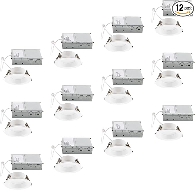 Builder Essential 3in 550 Lumens Round LED Recessed Light and Housing for Remodel or New Construction with Regressed Trim 3-Power Modes 4W-6W-8W, 5-CCT 2700-3000-3500-4000-5000K in White (Pack of 12)