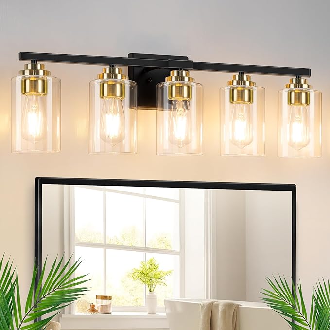 5-Light Bathroom Light Fixtures, 31" Modern Vanity Lights Over Mirror with Clear Glass Shades, Black & Gold Light Fixture, Classic Wall Light Fixture for Mirror Living Room Cabinet Bedroom Porch