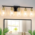 5-Light Bathroom Light Fixtures, 31" Modern Vanity Lights Over Mirror with Clear Glass Shades, Black & Gold Light Fixture, Classic Wall Light Fixture for Mirror Living Room Cabinet Bedroom Porch