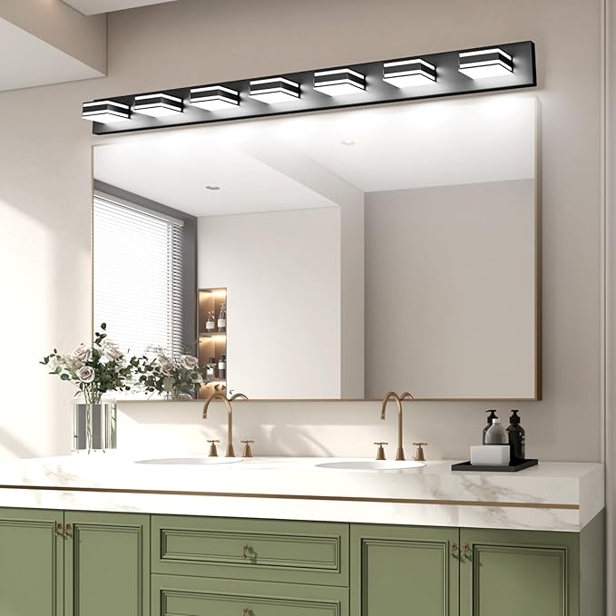 Ralbay 55inch Black Vanity Light for Bathroom 7-Light LED Modern Acrylic Matte Black Bathroom Wall Vanity Lighting Fixtures Over Mirror