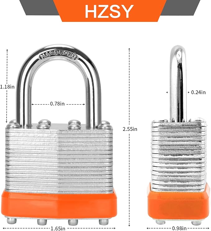 Laminated Steel Keyed Padlock (1-9/16", 40mm)，Keyed Alike Locks，Packed of 6，Normal Shackle Padlocks，Orange Plastic Hoops，for Toolbox，Locker & StorageUnit or More