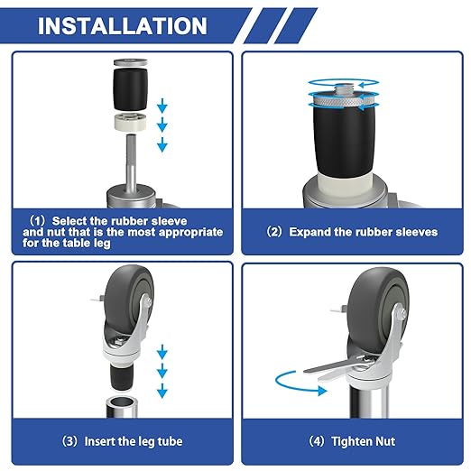 MySit 4 Inches Prep Table Wheels 4 Pack, Expanding Stem Casters with Side Brake Fit 1-1/2", 1-5/8", 1-3/4", 1-7/8"ID Tube Pipe Legs for Stainless Steel Kitchen Cart, Wire Shelving Racks