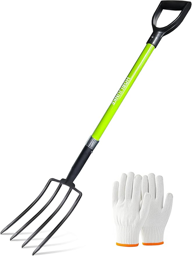 Garden Fork, 4-Tines Pitchforks,45-Inch Pitchfork for Gardening,Fiberglass Digging Fork Pole, D-Handle-(Green)