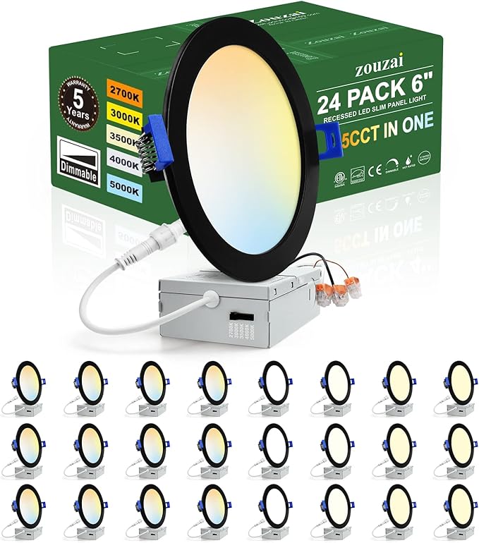 zouzai 24 Pack 6 Inch Black 5CCT Reset Ultra-Thin LED Recessed Ceiling Light with Junction Box, 2700K/3000K/3500K/4000K/5000K Selectable, 12W Eqv 110W,Dimmable- ETL and Energy Star Certified