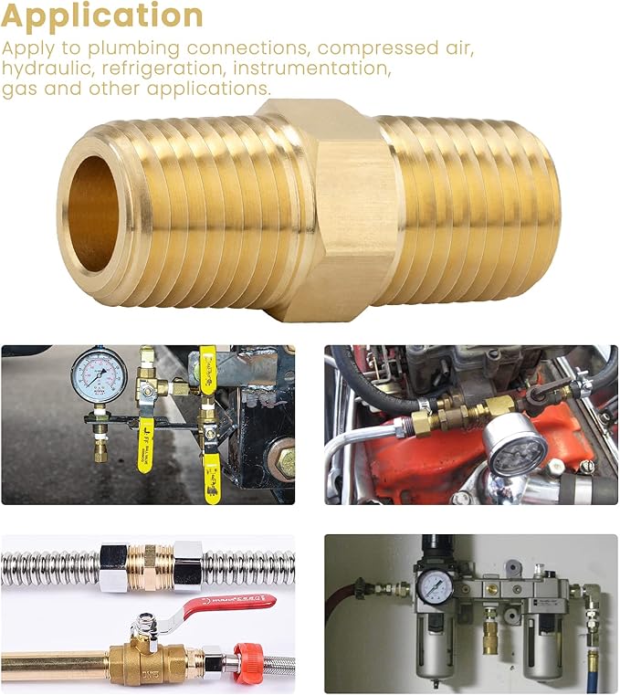 KOOTANS 1/4 NPT x 1/4 NPT Male Solid Brass Hex Nipples, Heavy Brass Pipe Adapter Fittings Equal Nipples Connectors 4Pieces